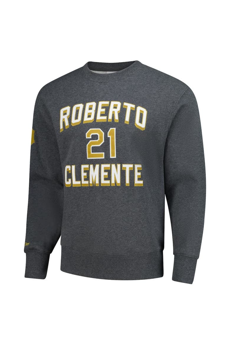 Men's Mitchell & Ness Roberto Clemente Heather Charcoal Pittsburgh Pirates Legends Collection Vintage Logo Name & Number Fleece Pullover Sweatshirt, Alternate, color, Heather Charcoal