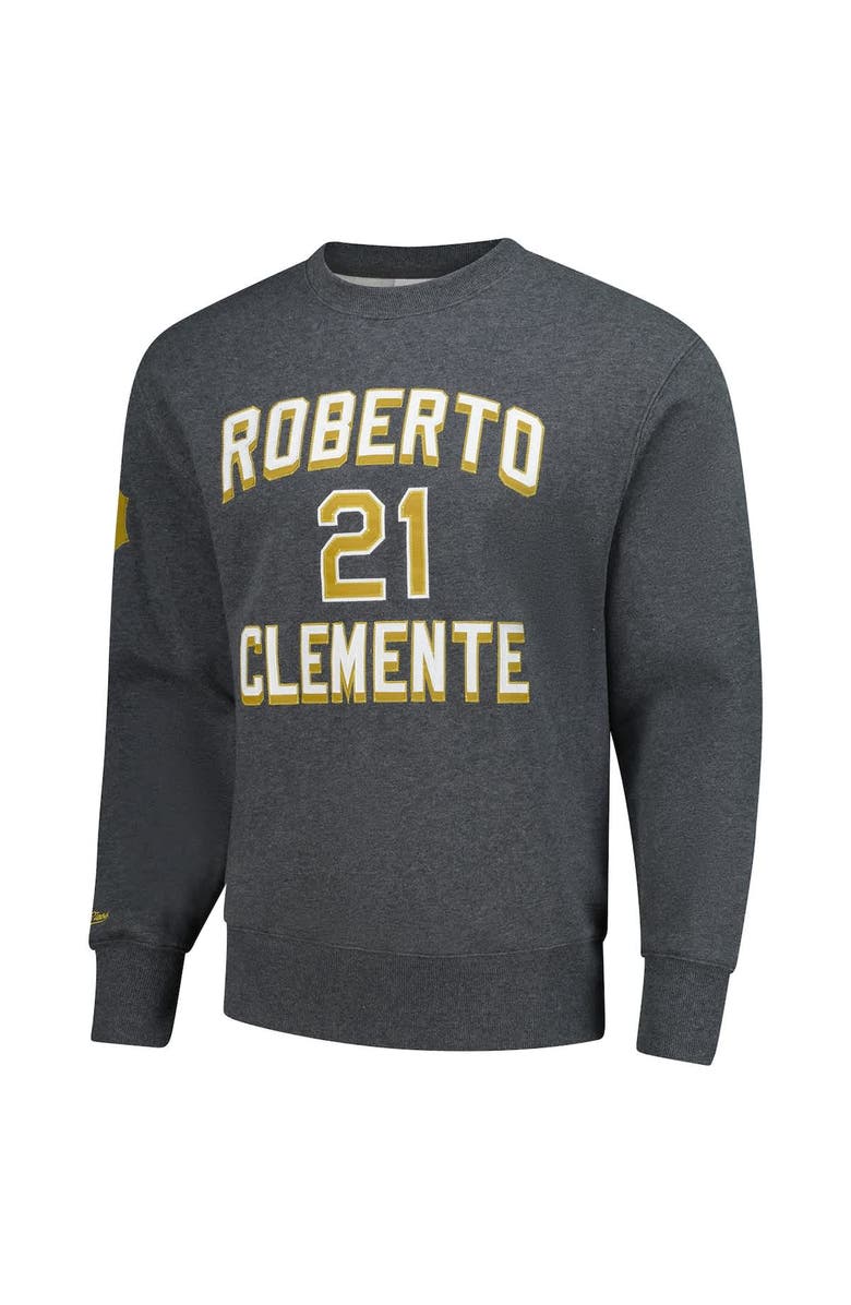 Mitchell & Ness Men's Mitchell & Ness Roberto Clemente Heather Charcoal Pittsburgh Pirates Legends Collection Vintage Logo Name & Number Fleece Pullover Sweatshirt, Alternate, color, Heather Charcoal