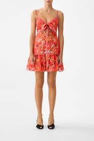 Camilla Tie Front Short Dress With Hem Ruffle