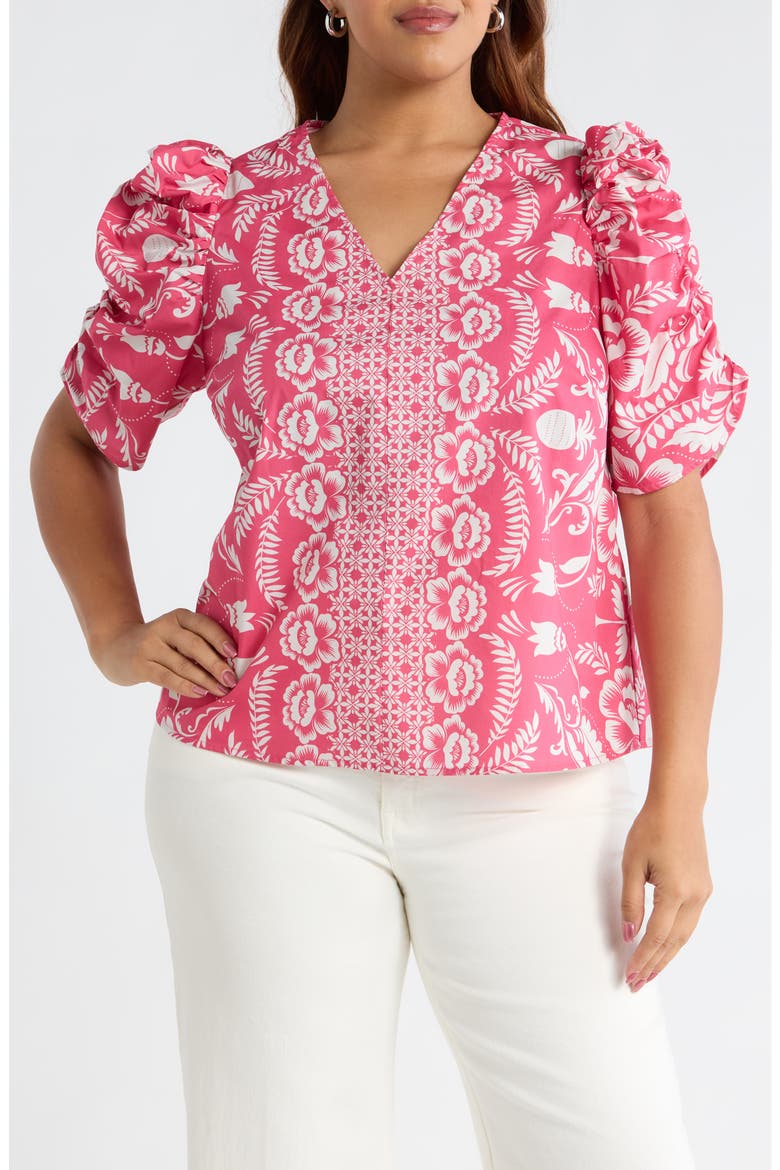 Rania Floral Chancellor Ruched Sleeve Cotton Top, Main, color, PINK-WHITE