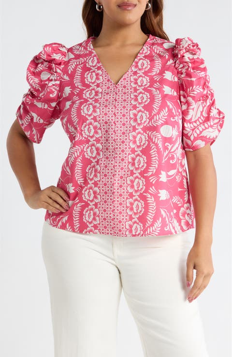Rania Floral Chancellor Ruched Sleeve Cotton Top (Plus)