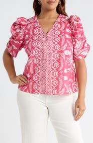 SUGARLIPS Rania Floral Chancellor Ruched Sleeve Cotton Top
