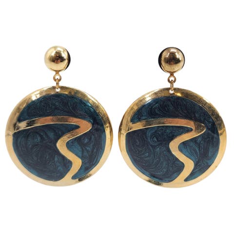 Vintage 1980s Blue Enamel Circle Dangle Earrings