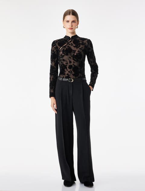 Long Sleeve High Qipao Neck Floral Mesh Top