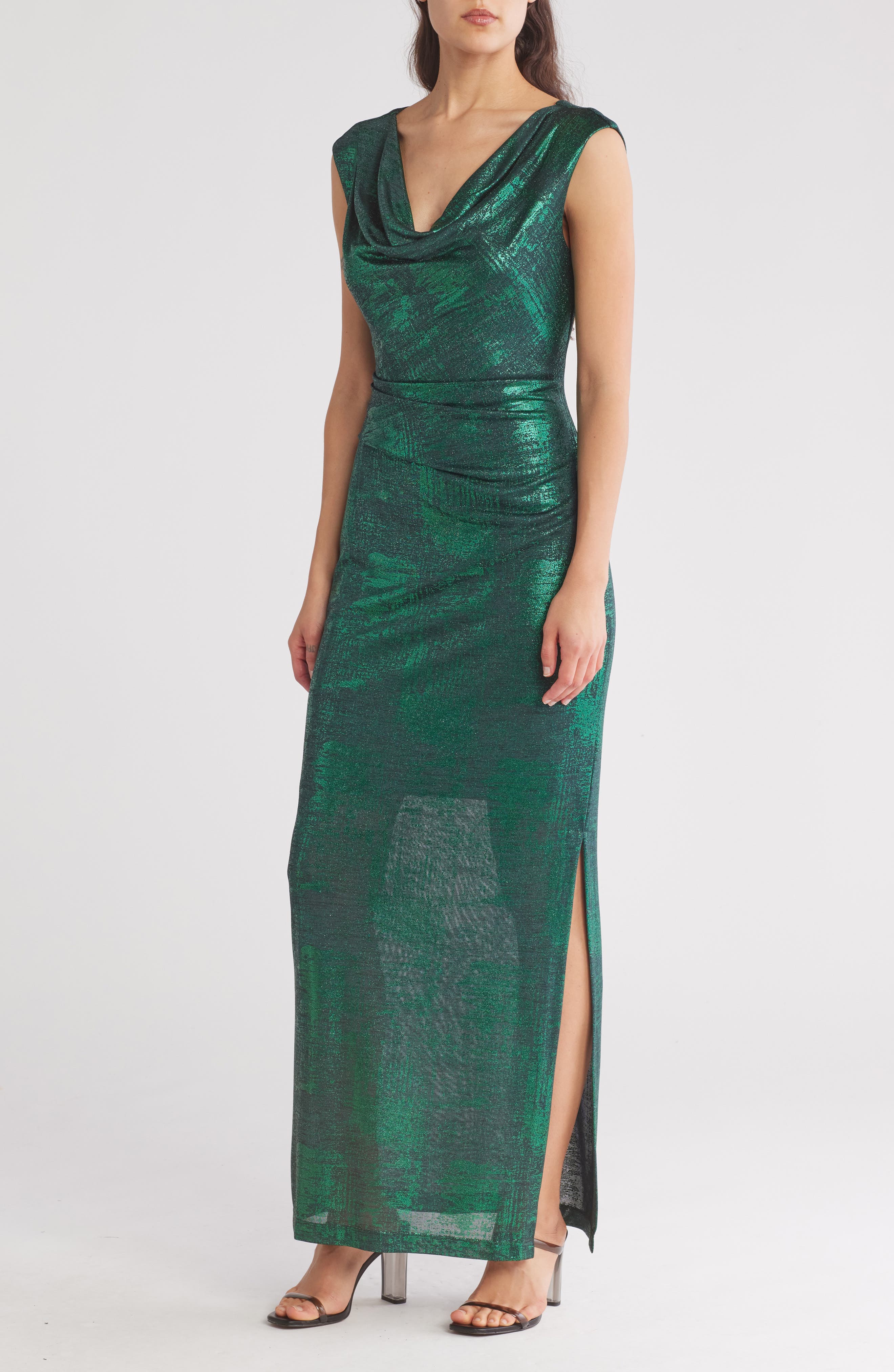 Connected Apparel Metallic Cowl Neck Sleeveless Gown