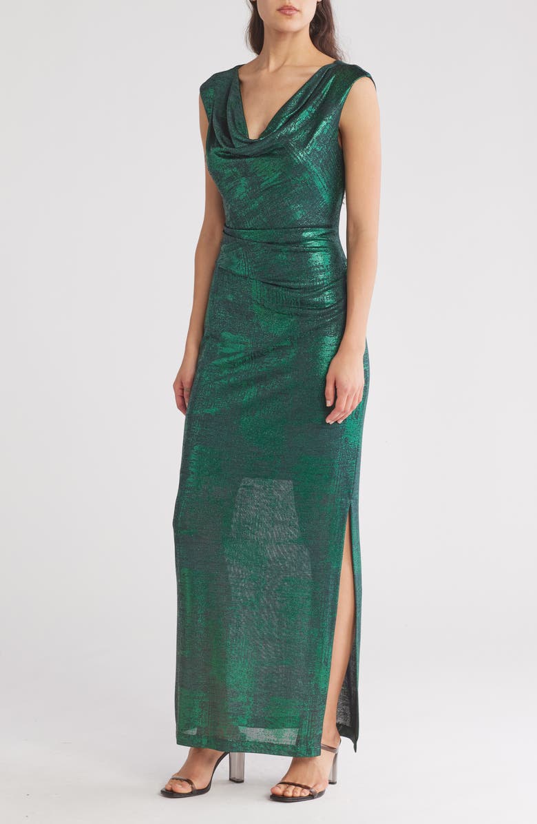 Connected Apparel Metallic Cowl Neck Sleeveless Gown, Main, color, Emerald