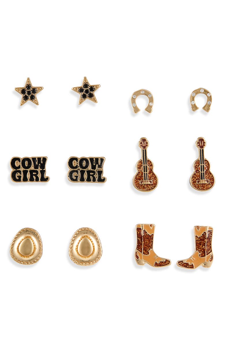 Leith Cowboy 6-Pack Assorted Earrings, Main, color, Black Multi- Gold