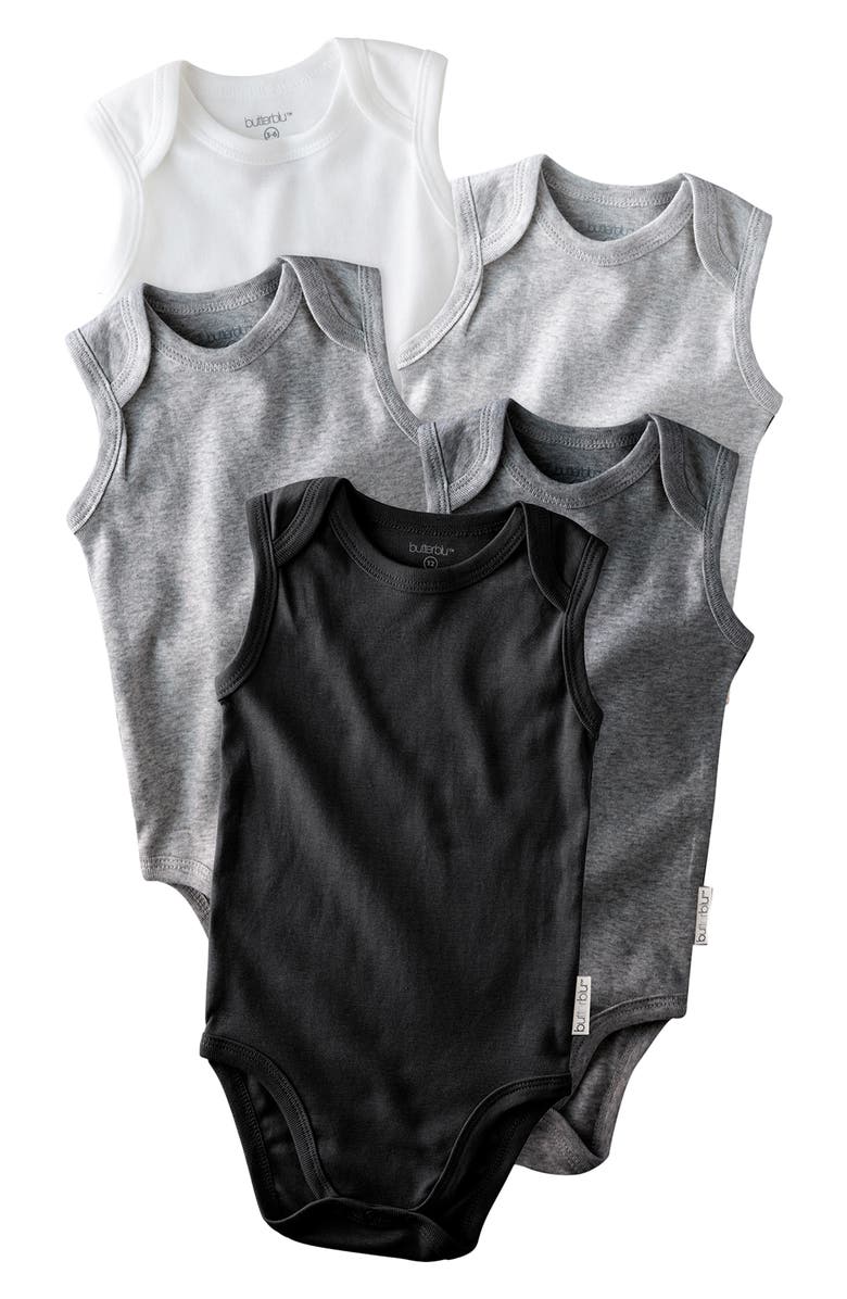BUTTERBLU Sam Assorted 5-Pack Sleeveless Organic Cotton Bodysuits, Main, color, Stone