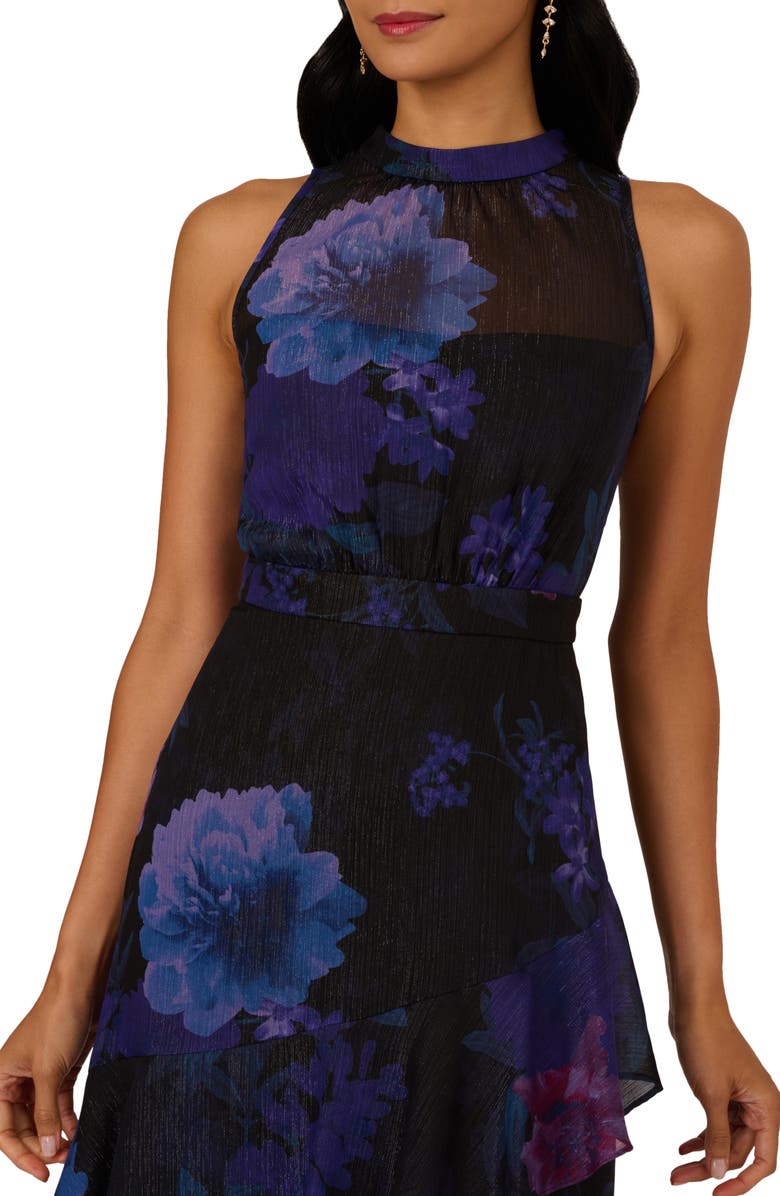 Adrianna Papell Glitter Floral Ruffle Midi Dress, Alternate, color, Black Multi