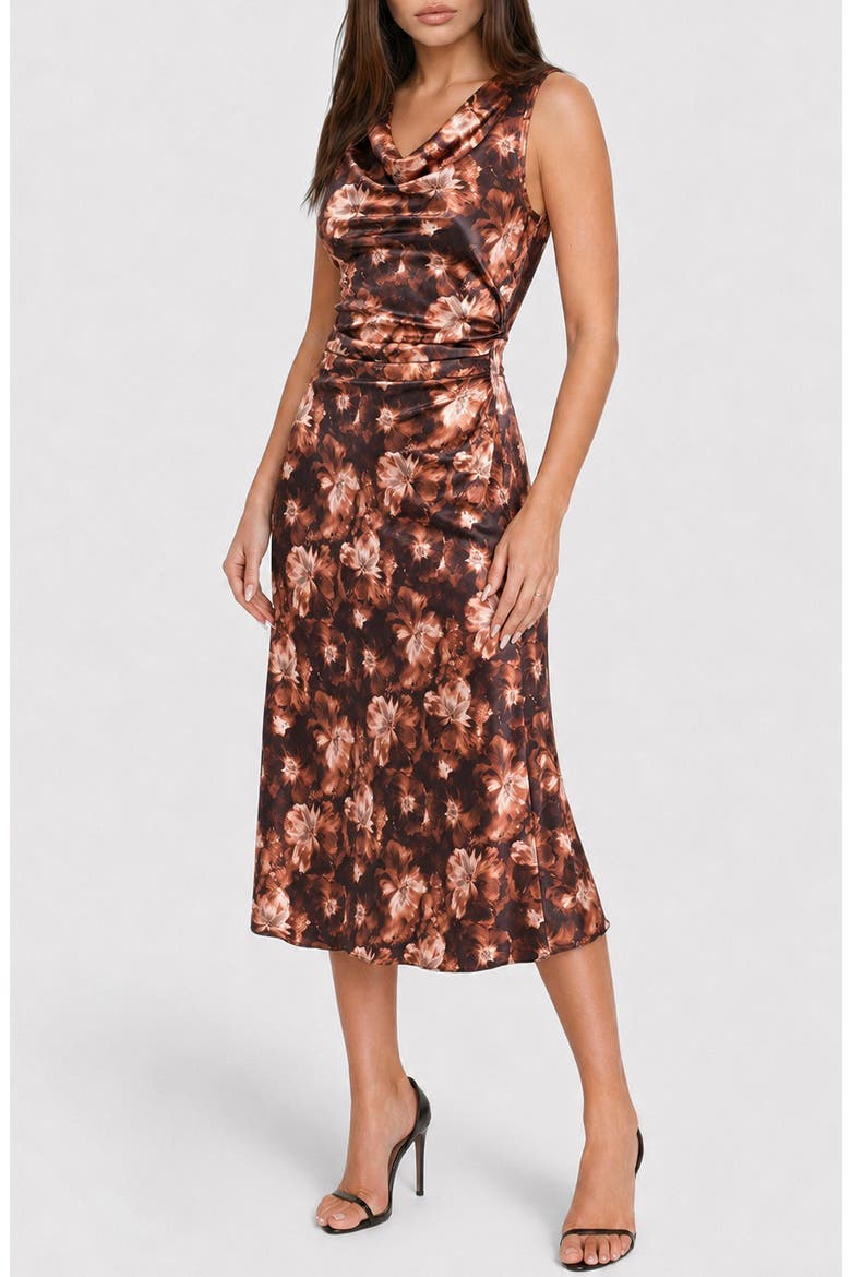 Floral Cowl Neck Sleeveless Satin Midi Dress, Alternate, color, BROWN MULTI