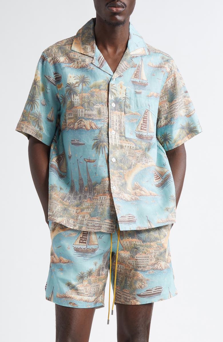 Rhude Sailing Map Short Sleeve Linen Button-Up Shirt, Main, color, 
