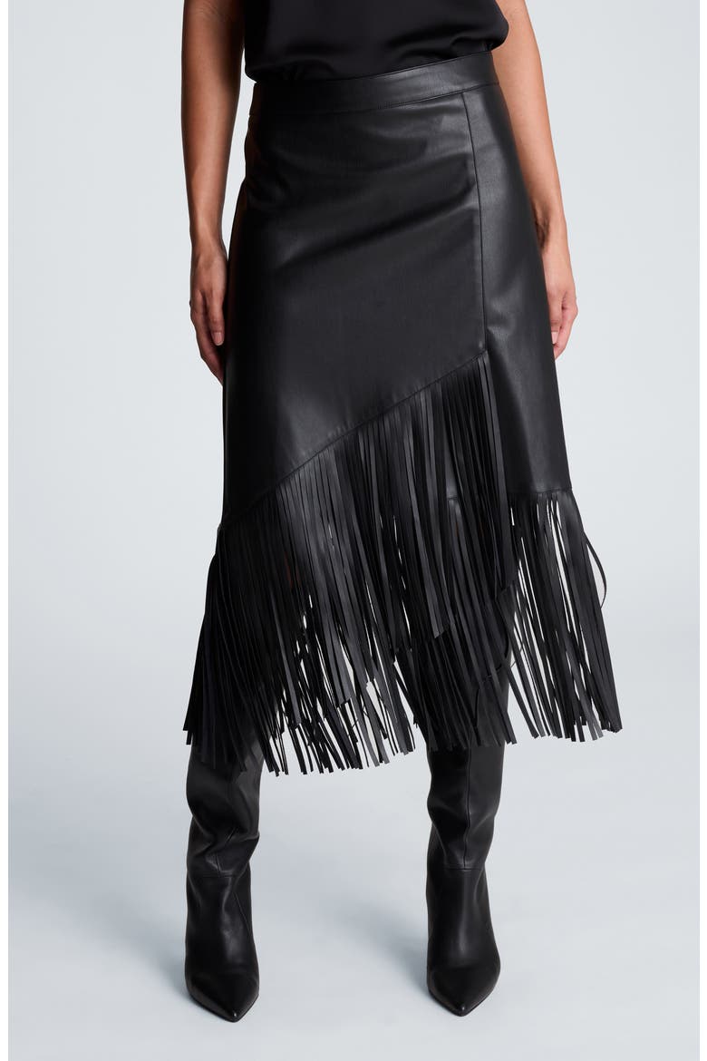 Fringe Asymmetric Faux Leather Midi Skirt, Main, color, BLACK