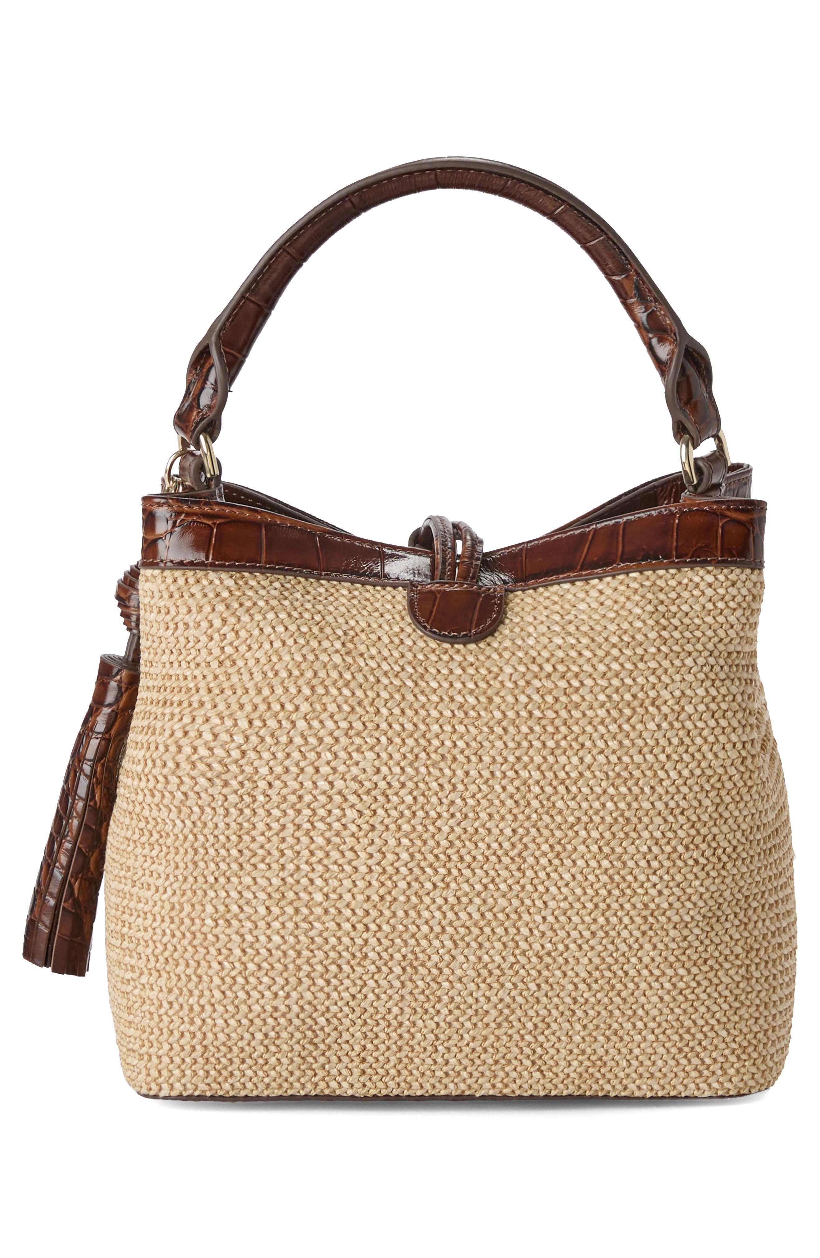 Brahmin Mini Amelia Embossed Leather Top Handle Bucket Bag, Alternate, color, Pecan