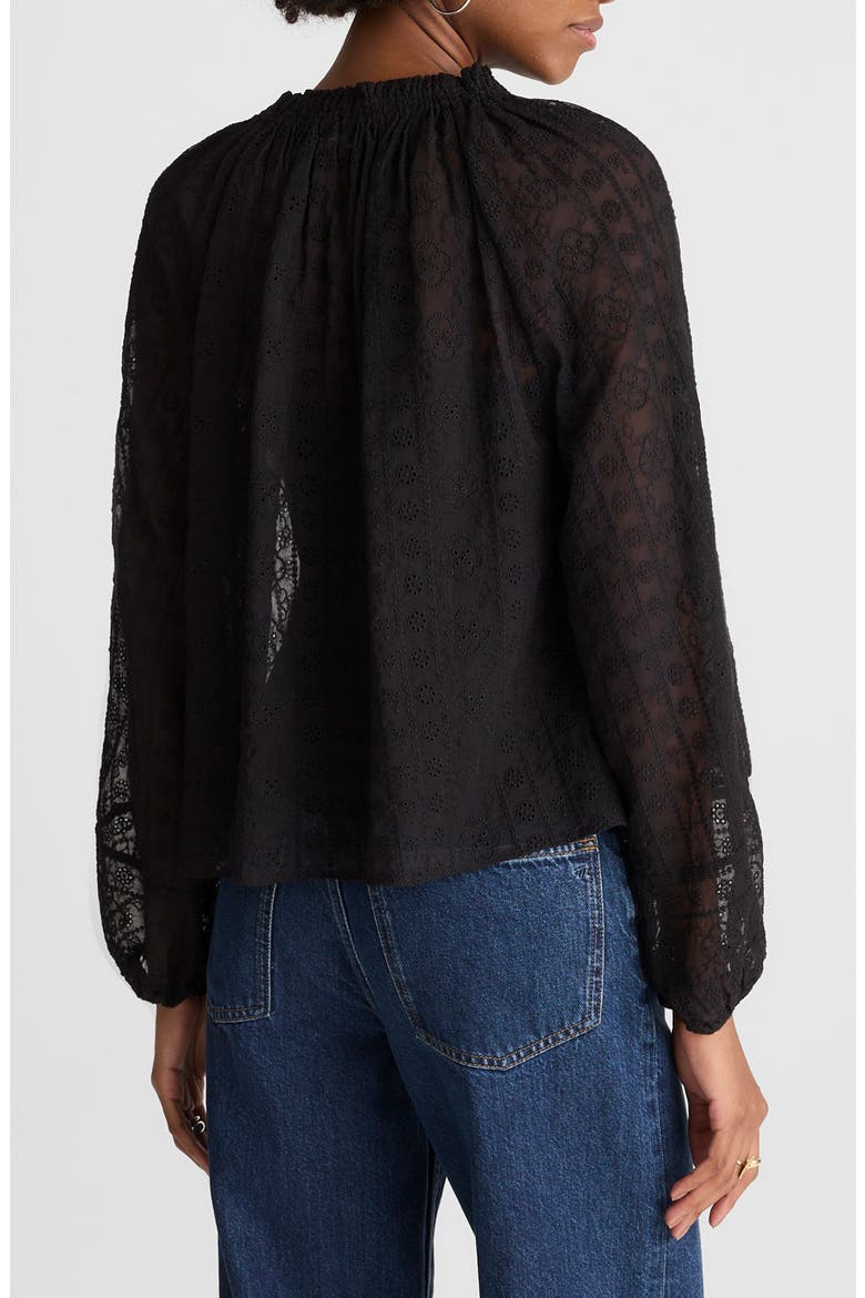 Embroidered Tie Neck Long Sleeve Top, Alternate, color, JET BLACK