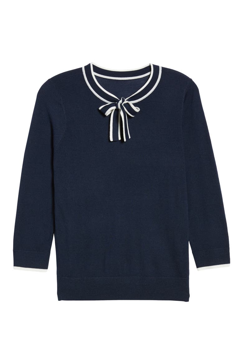 Tipped Tie Neck Wool Blend Sweater, Alternate, color, NAVY- IVORY