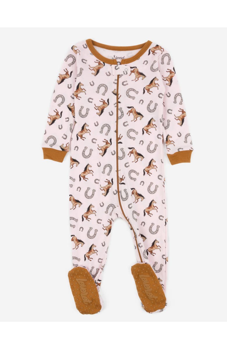 Leveret Kids Footed Printed Cotton Matching Family Pajamas, Coordinated Prints, Main, color, Pink Horse