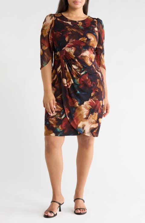 Floral Print Cape Sleeve Minidress (Plus)