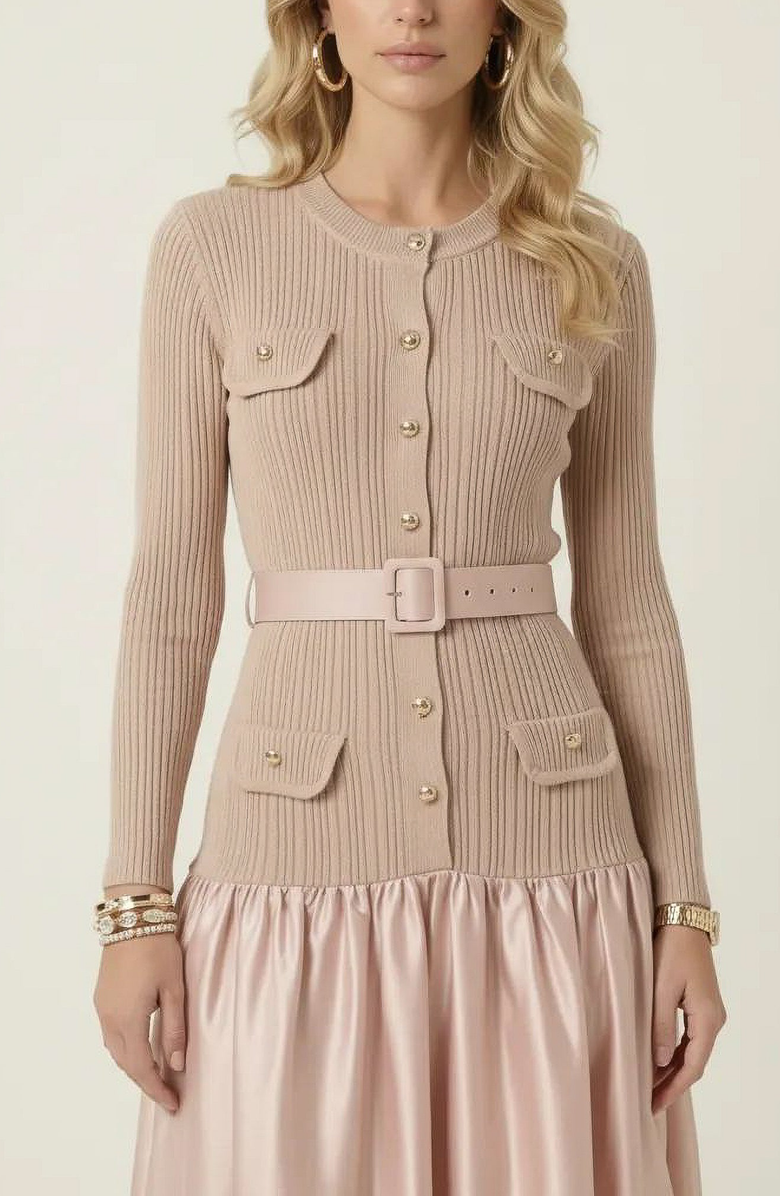 Modenaire Ribbed Knit and Satin Midi Dress, Alternate, color, Blush Pink