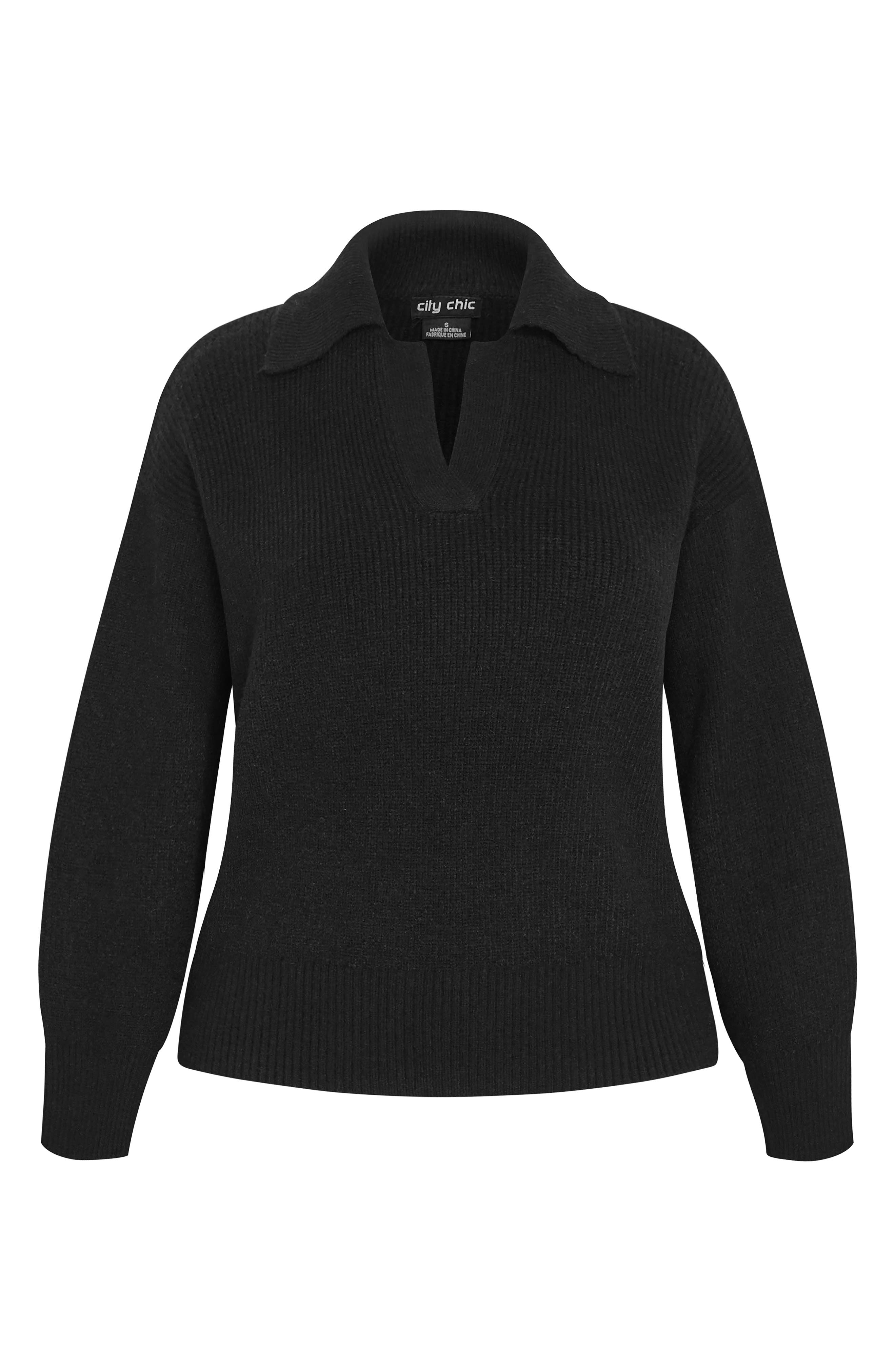 City Chic Opal Spread Collar Sweater In Black