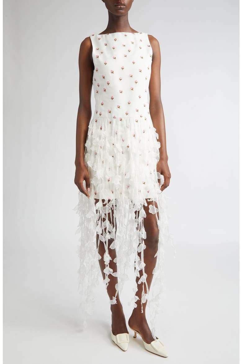 Rosebud Embroidered Fringe Hem Dress, Main, color, WHITE