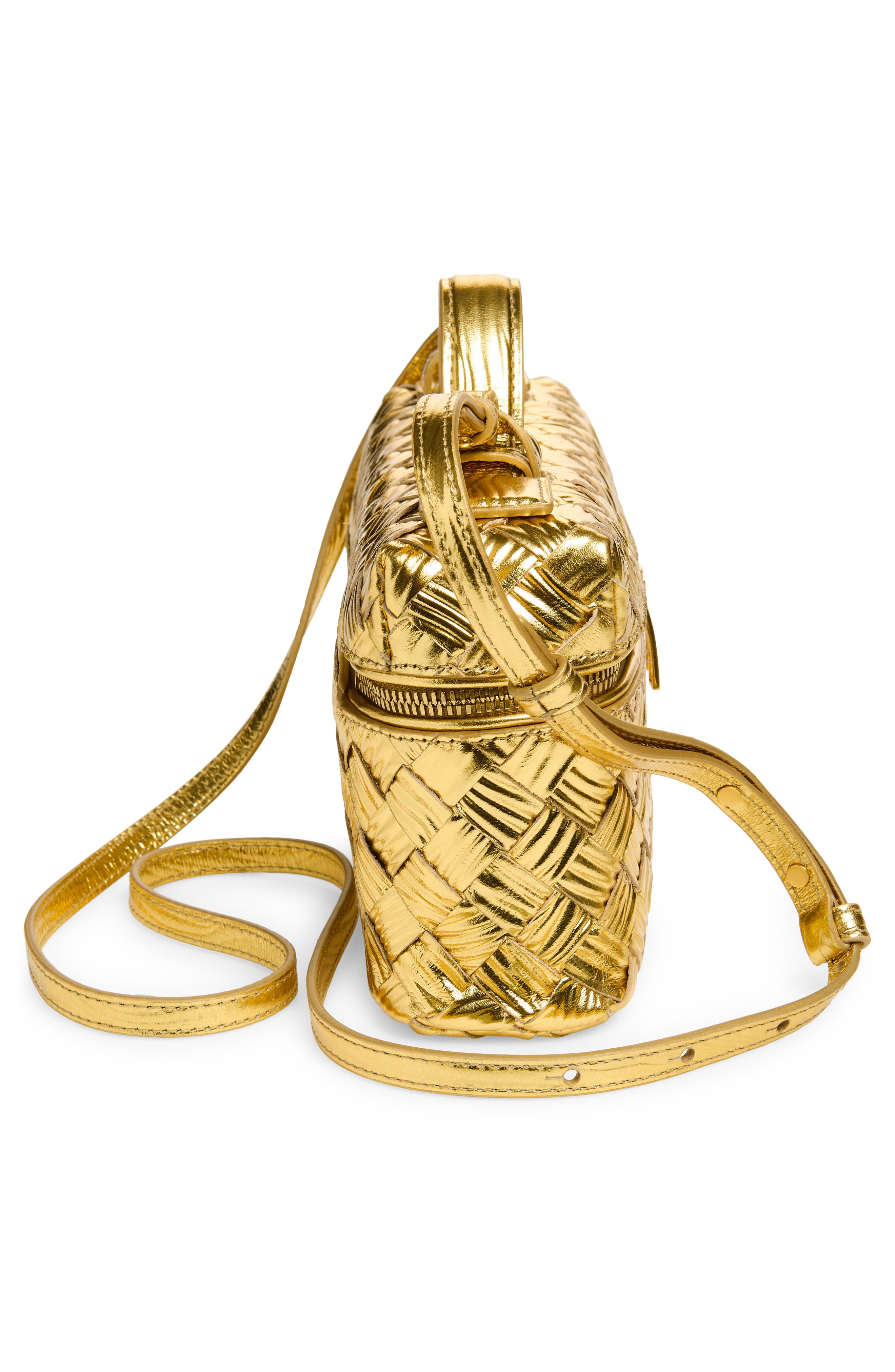 Bottega Veneta Bang Bang Intrecciato Metallic Leather Crossbody Vanity Case, Alternate, color, 8472 Gold / Gold