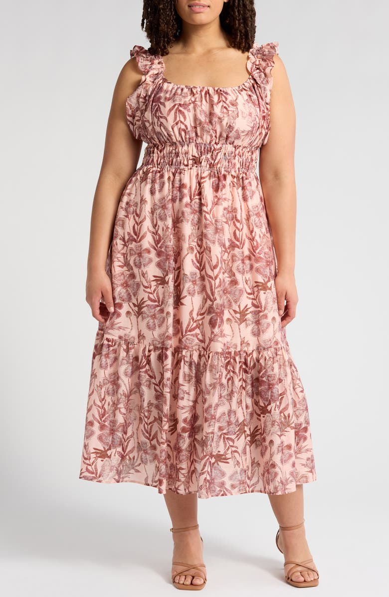 MELLODAY Floral Ruffle Tiered Midi Dress, Alternate, color, Mauve/ Blush Floral