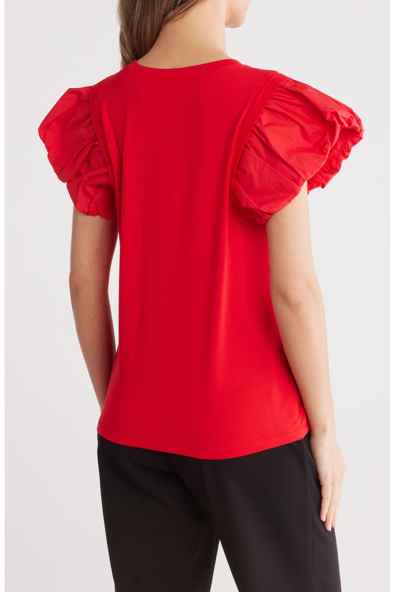 Ruched Puff Sleeve Mixed Media T-Shirt, Alternate, color, RED