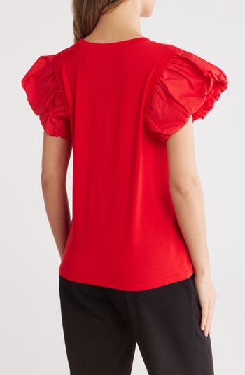 Ruched Puff Sleeve Mixed Media T-Shirt