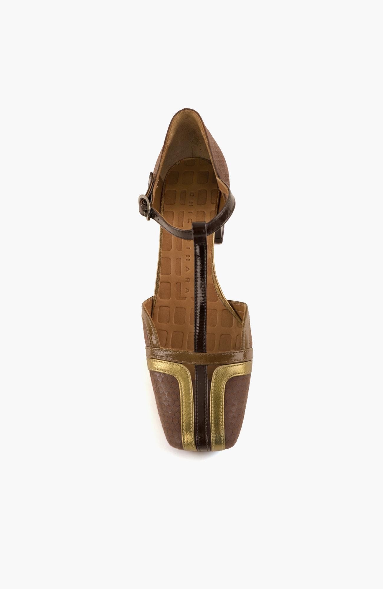 Metallic patent leather buckle pump, Alternate, color, Brown