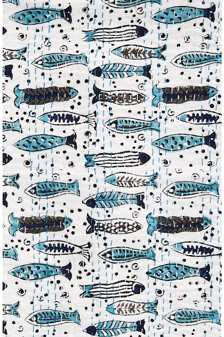 Fish Handstitched Kantha Set of 2 Cotton Shams, Alternate, color, INDIGO