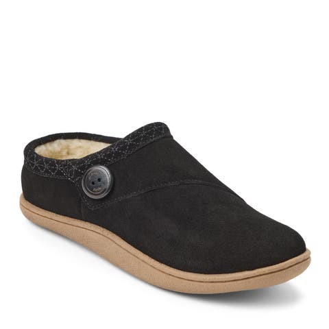 Suede Clog With Embroid & Wood Button Slippers