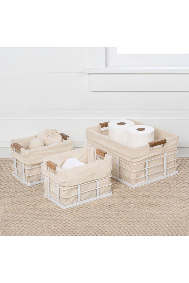 Callan Vintage Industrial Handmade Wire Metal Nesting Storage Baskets with Wood Handles and Fabric Liner, Alternate, color, White