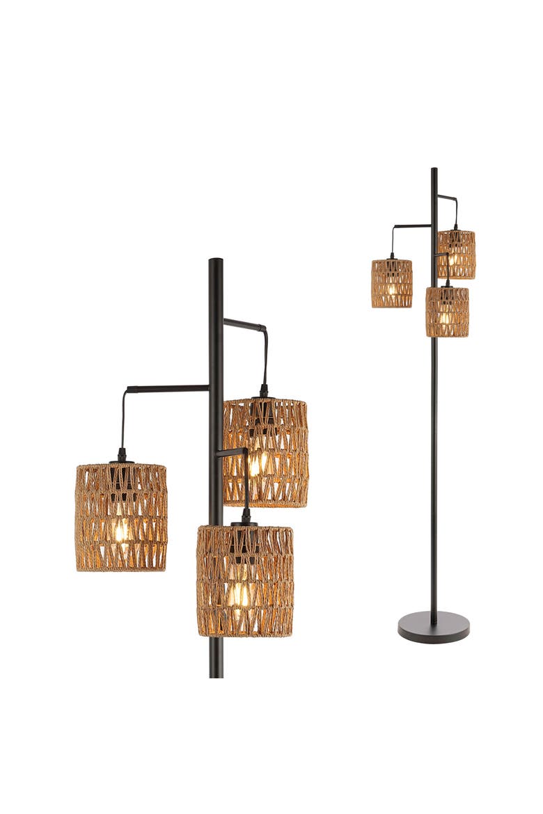Isla 3-Light Mid-Century Bohemian Metal/Rope LED Floor Lamp, Main, color, Black