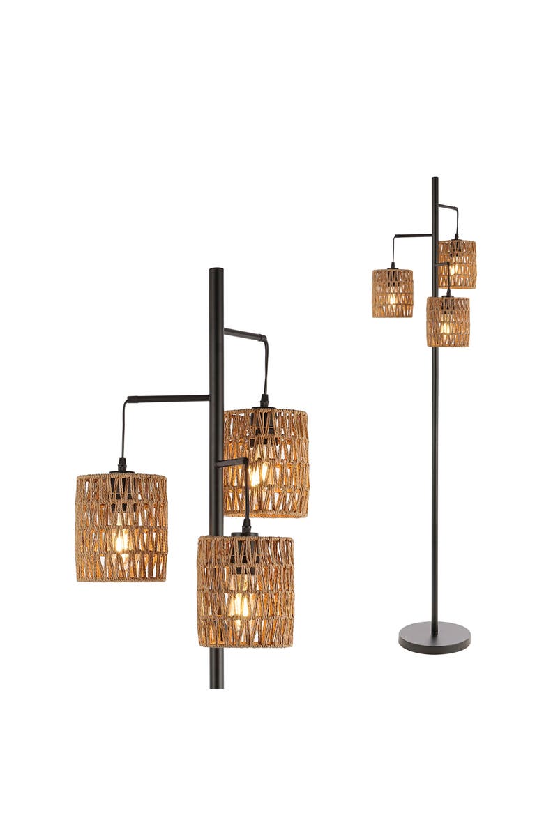 JONATHAN Y Isla 3-Light Mid-Century Bohemian Metal/Rope LED Floor Lamp, Main, color, Black
