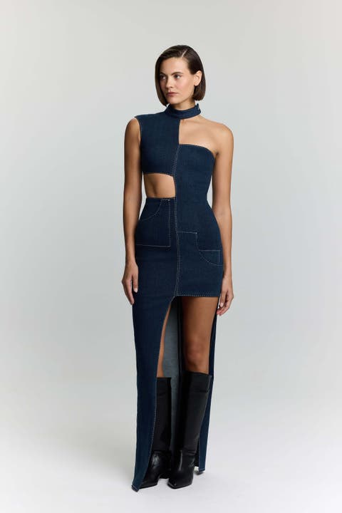 Ivy Denim Dress - Asymmetrical Cut-Out Maxi Dress