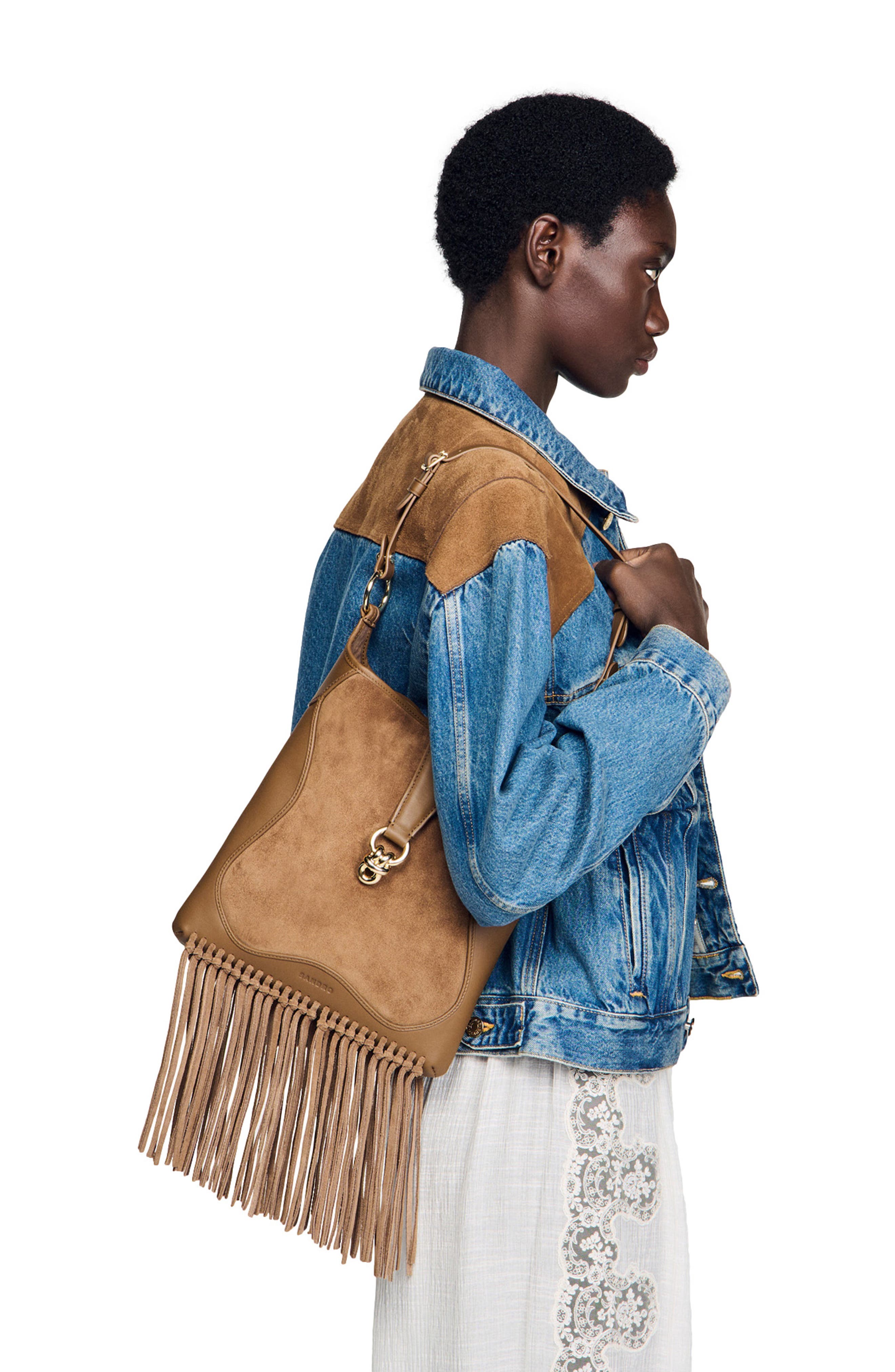 SANDRO Leather and suede fringe bag, Alternate, color, Camel