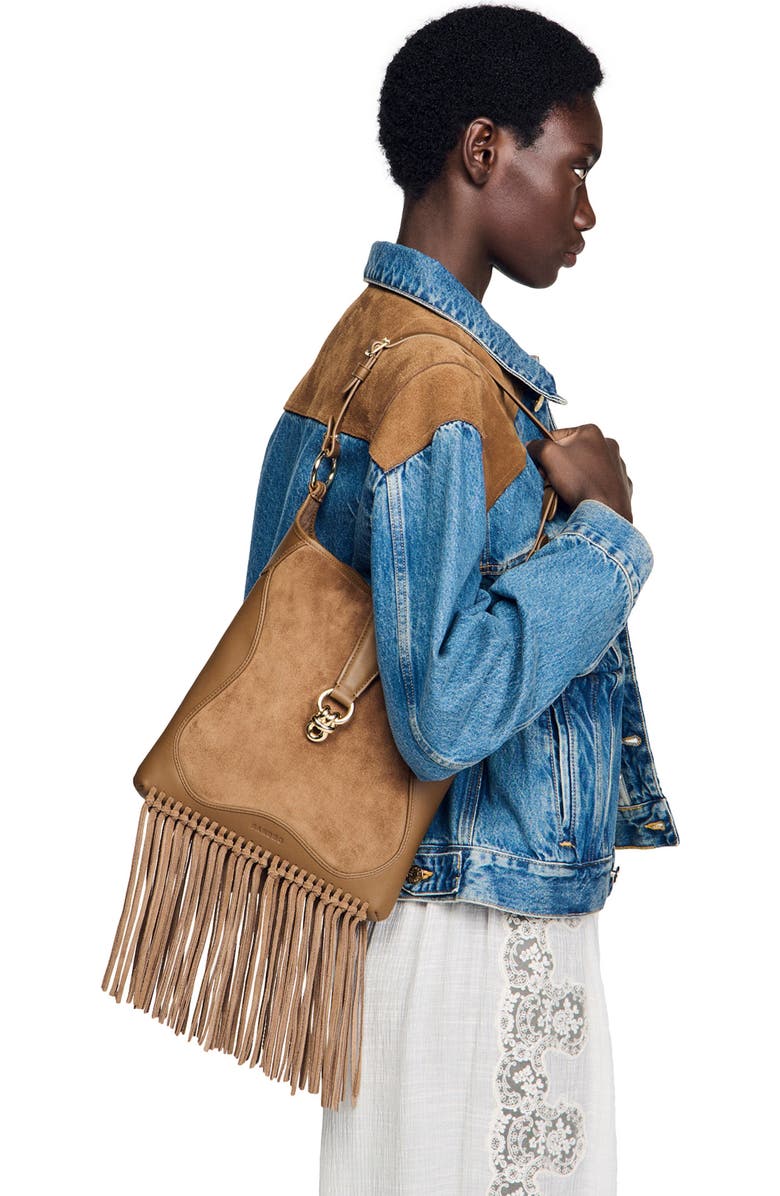 SANDRO Leather and suede fringe bag, Alternate, color, Camel