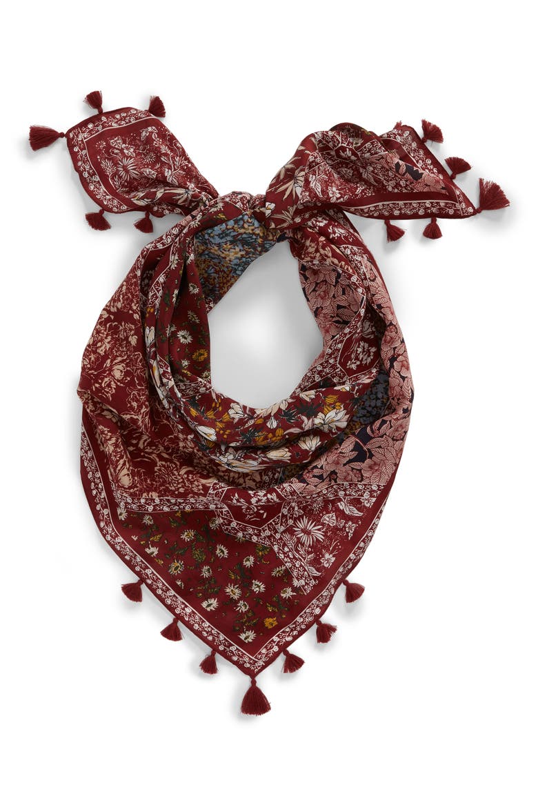 Floral Print Tassel Silk Scarf, Alternate, color, RED PATCHED HEIRLOOM