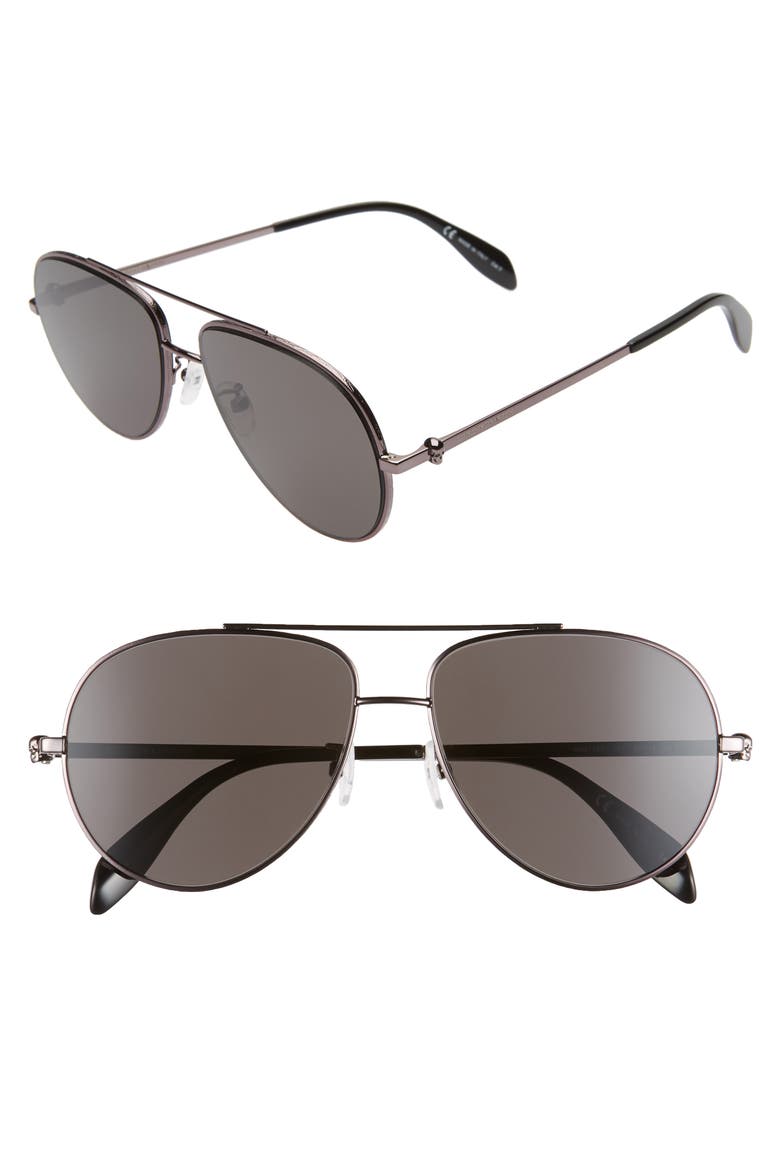 Alexander McQueen 60mm Aviator Sunglasses, Main, color, DARK RUTHENIUM