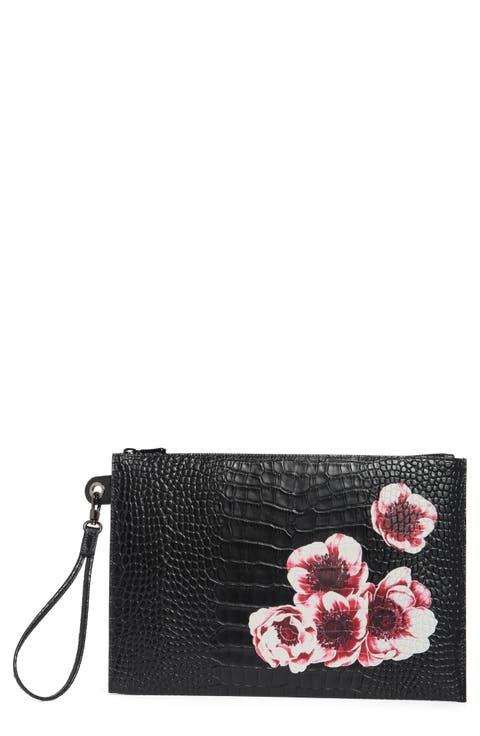 Croc Embossed Leather Wristlet