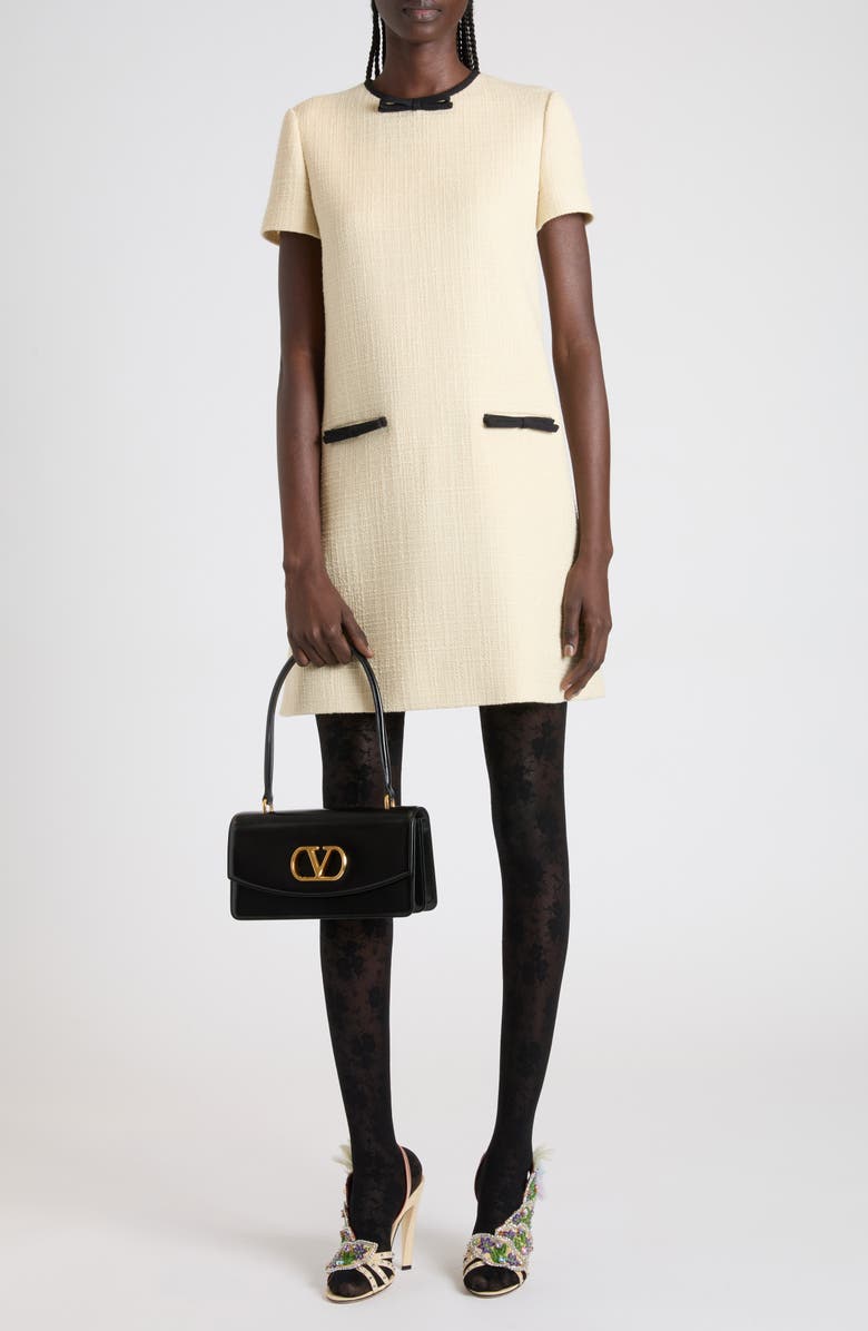 Valentino Bow Detail Virgin Wool Blend Tweed Minidress, Alternate, color, Beige/ Black