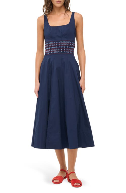 Staud Rig Embroidered Smocked Waist Stretch Cotton Sundress