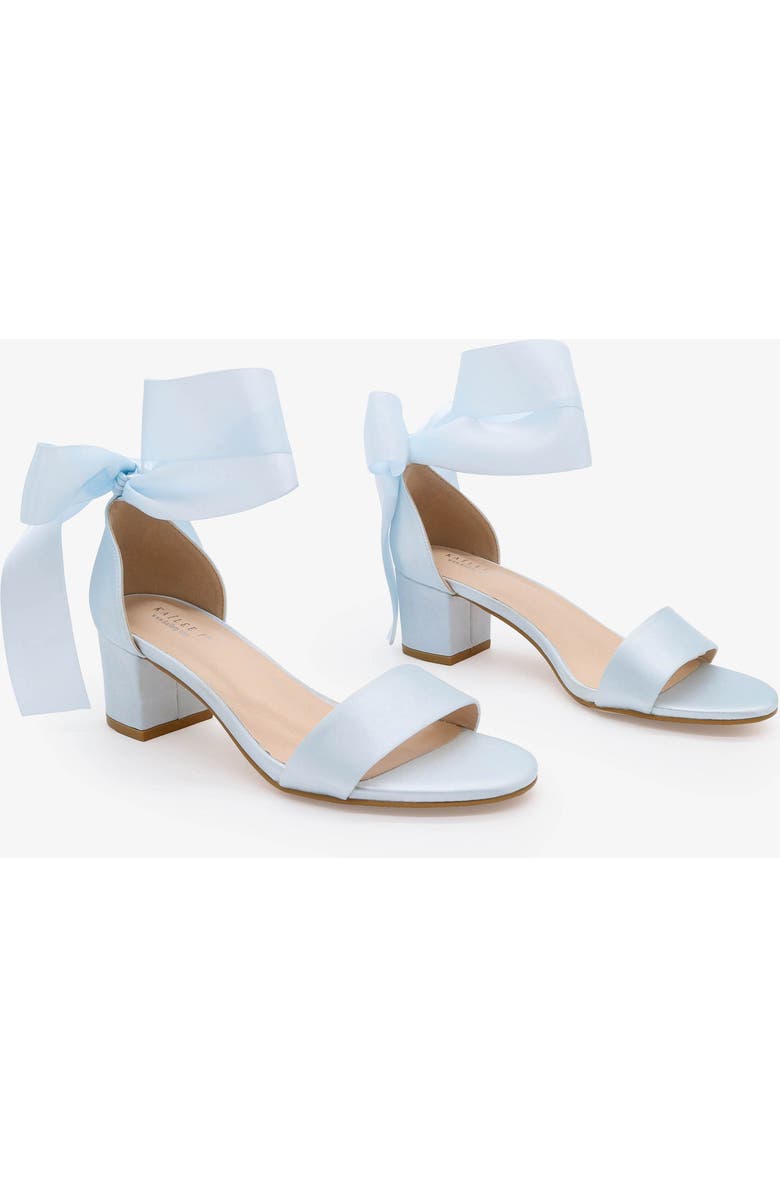 Kailee P Naomi Satin Block Heel Wedding Sandal with Wrapped Satin Ribbon Tie, Main, color, Light Blue