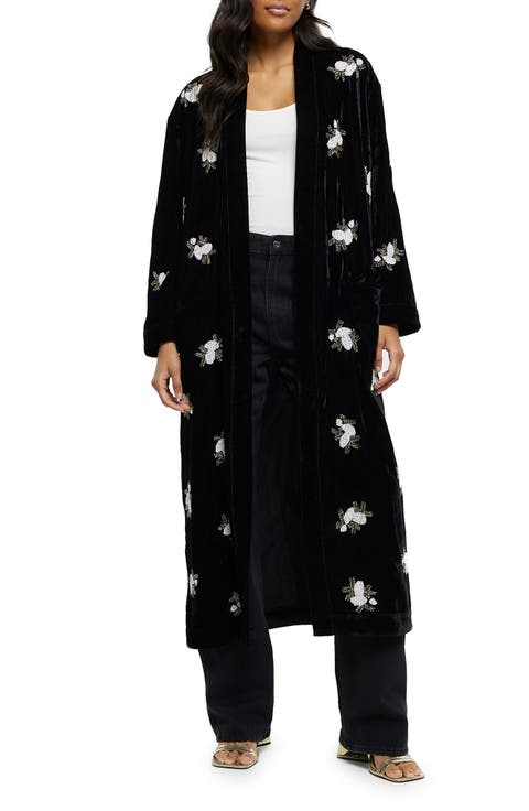 Beaded Floral Open Front Velvet Duster