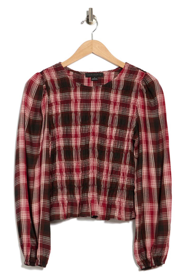 Smocked Long Sleeve Top, Alternate, color, MOSAIC BROWN PLAID