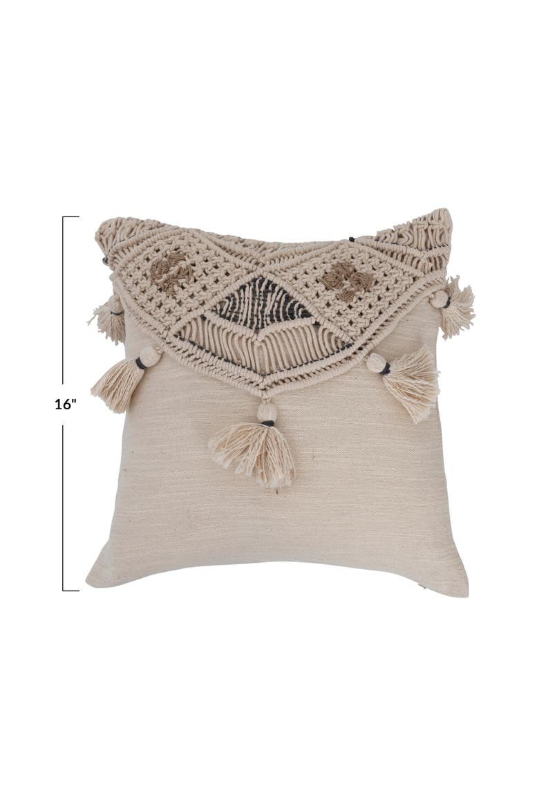 Hand-Woven Cotton and Jute Macramé Pillow with Tassels, Alternate, color, Cream