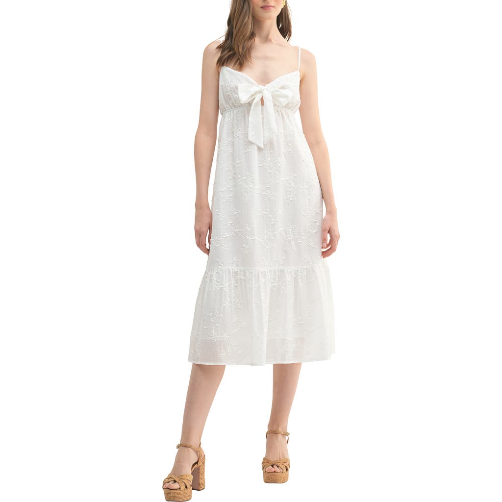 Lush Bow Tied Floral Embroidered Midi Dress In Off White