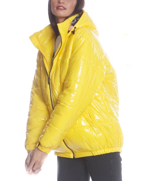 Members Only Women's Hi-shine Chevron Quilt Puffer With Nickelodeon Mashup Print Lining Jacket In Yellow
