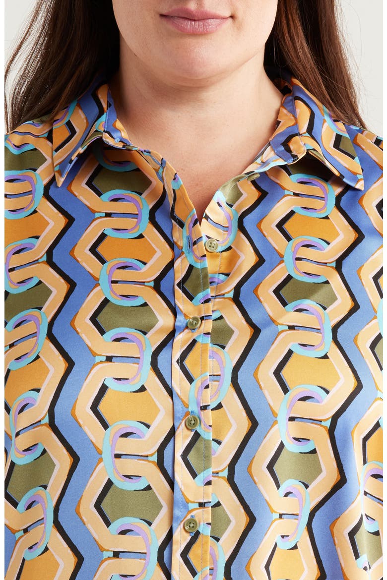 Geo Print Satin Button-Up Shirt, Alternate, color, BLUE CHAINS