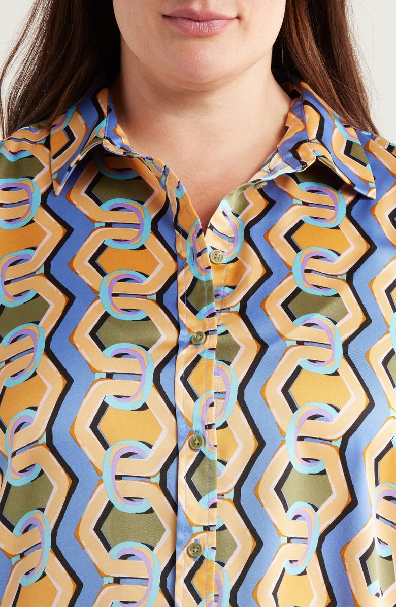 Tahari ASL Geo Print Satin Button-Up Shirt, Alternate, color, Blue Chains
